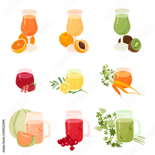 Isolated fruit and veggie juices collection. Set of various lemonades and smoothy. Healthy refreshing beverages cartoon clipart.