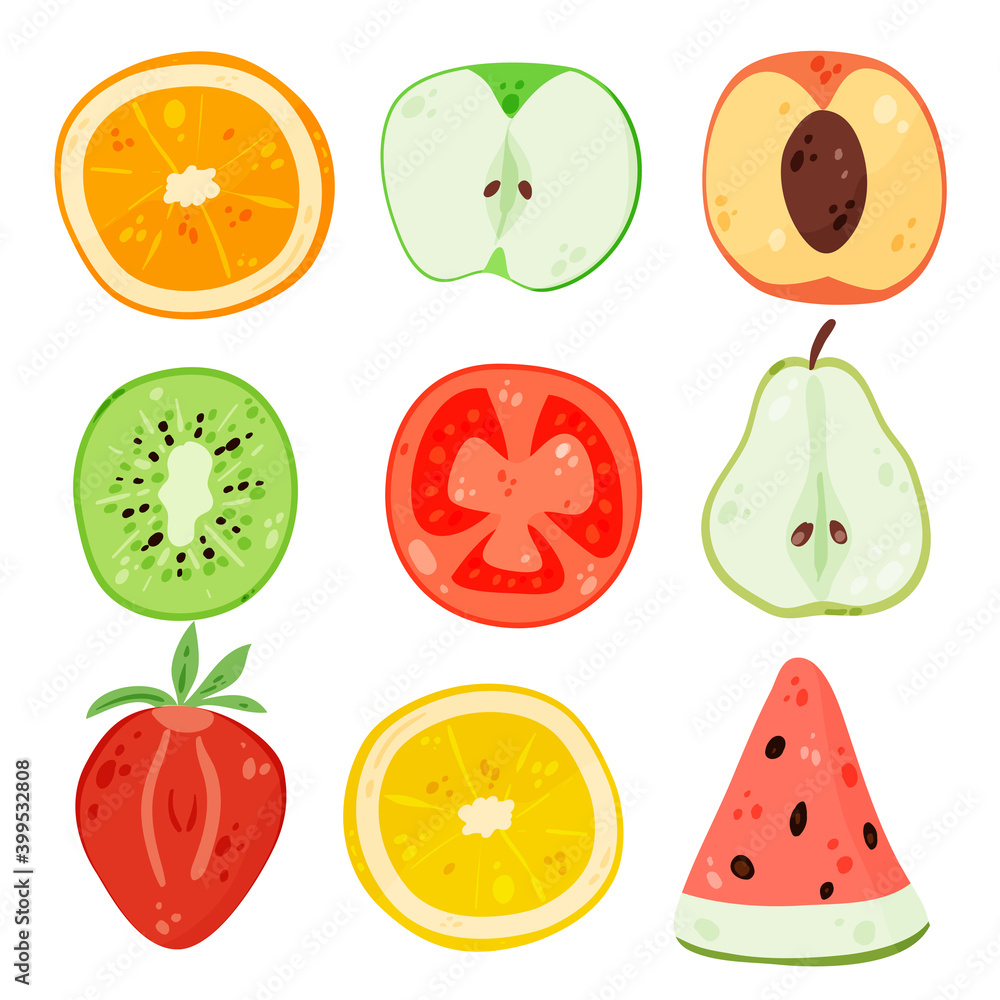 Isolated fruit slices collection. Set of various elements: apple, citruses, watermelon, peach, kiwi, tomato, strawberry. Fresh summer juice ingredients cartoon clipart. Isolated fruit slices collection. Set of various elements: apple, citruses, watermelon, peach, kiwi, tomato, strawberry. Fresh summer juice ingredients cartoon clipart.