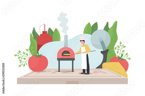 Pizza maker flat concept vector illustration. Professional chef. Baker in kitchen. Traditional brick oven. Pizzaiolo 2D cartoon character for web design. Fast food preparation creative idea