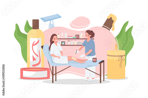 Depilation flat concept vector illustration. Epilation process. Leg waxing, sugaring. Professional hair removal. Cosmetologist 2D cartoon character for web design. Beauty salon procedure creative idea
