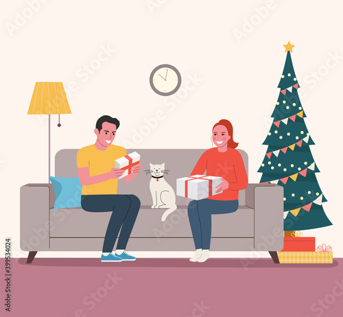 Christmas interior. Man and woman sitting on sofa with boxes gifrs near christmas tree. Vector flat illustration.