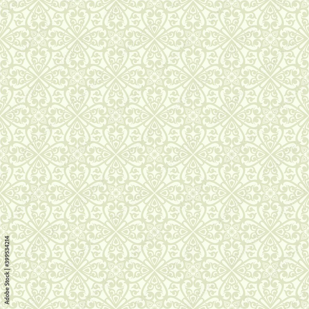 Seamless light background with beige pattern in baroque style. Vector retro illustration. Islam, Arabic, Indian, ottoman motifs. Perfect for printing on fabric or paper. Seamless light background with beige pattern in baroque style. Vector retro illustration. Islam, Arabic, Indian, ottoman motifs. Perfect for printing on fabric or paper.