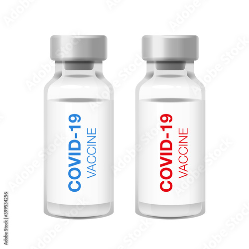 COVID-19 Vaccine. Medical vial for injection isolated on white background. Concept for medicine and healthcare, vaccination and fight against coronavirus. Vector Illustration.
