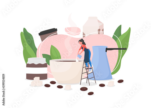 Barista flat concept vector illustration. Girl prepare cappuccino. Woman make latte. Pour milk in cup. Brew espresso. Coffeeshop worker 2D cartoon character for web design. Coffee making creative idea