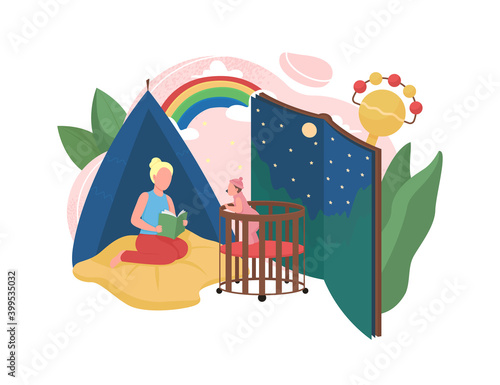 Babysitting flat concept vector illustration. Read fairy tale book before bedtime. Bedroom for baby. Nursery with decoration. Child room 2D cartoon scene for web design. Childcare creative idea