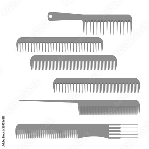 Hairdressing combs set, tools for combing hair, styling and haircut help, comb with different length, thickness and distance of teeth, flat style illustration