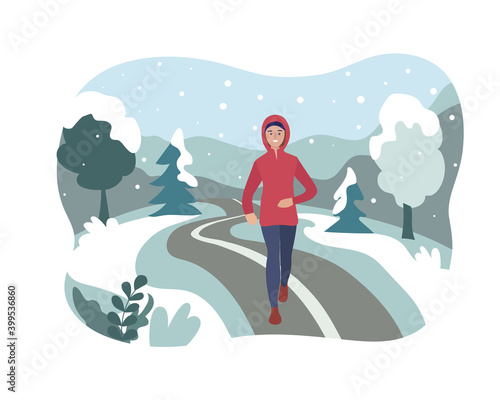 a woman running in a winter park. Sports training outside in the snow. Runner in motion. Marathon and long runs outside. running and fitness every day in all weathers. comfortable sportswear