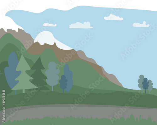 Forest landscape. mountains, with snowy tops. Trees and green fields. Blue sky with clouds. vector flat illustration. Postcard of memories from travels. vector flat