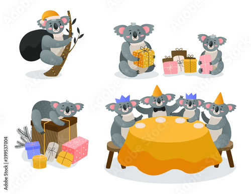 Photography Set of Christmas koalas isolated on white background
