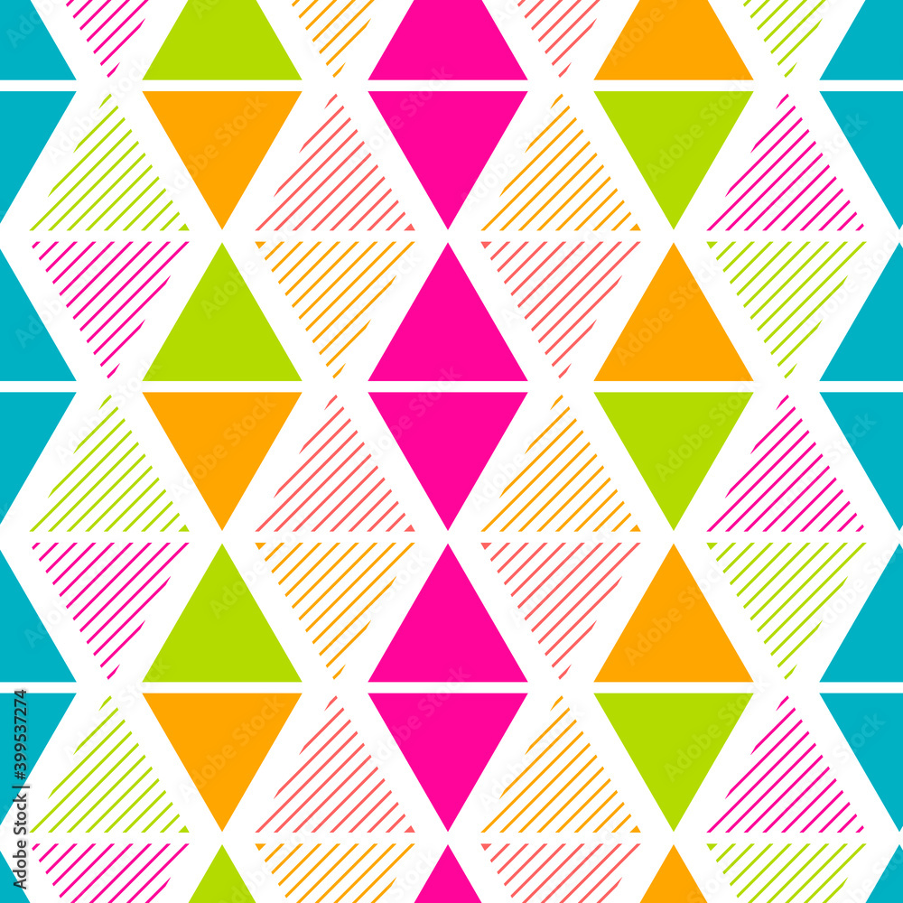 Memphis style triangle striped 90s colors seamless vector pattern