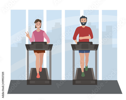 People, a couple of man and woman on a treadmill. Athletic training every day, healthy lifestyle. Sports in the fitness center against the backdrop of the big city. comfortable clothes for sports