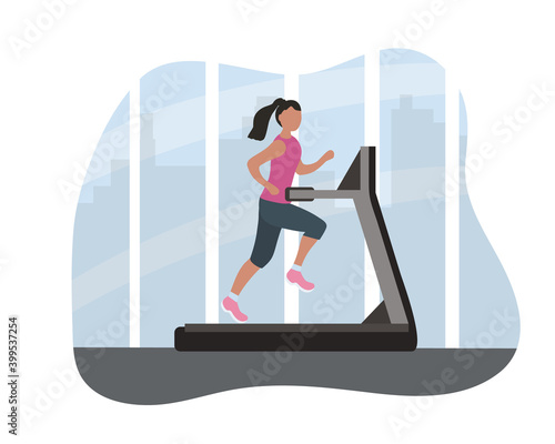 Female runner on a treadmill. Athletic training every day, healthy lifestyle. Sports in the fitness center against the backdrop of the big city. comfortable clothes for sports. vector flat