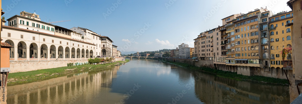 View of Arno river from Ponte Vecchio in Florence, Italy.