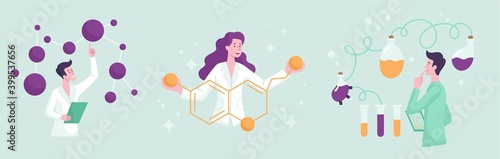 Scientific research abstract concept. Scientist characters conducting laboratory researches. Set of flat cartoon vector illustrations. Perfect for website, banner, mobile app, landing page