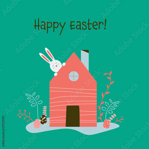 Easter at home concept during lockdown, cartoon flat design style