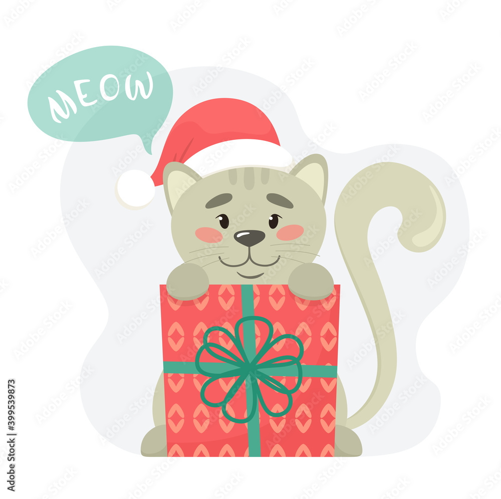 Naklejka premium Cute kitten with a gift box and a Santa hat. Vector illustration in flat style.