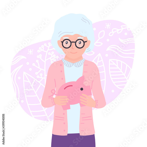 Cute grandmother holds piggy bank in her hands. Female pensioner personage makes an investment
