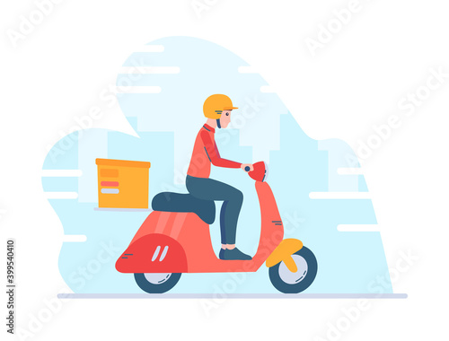 Food delivery service. Man riding a red retro scooter  motorcycle. Pizza order