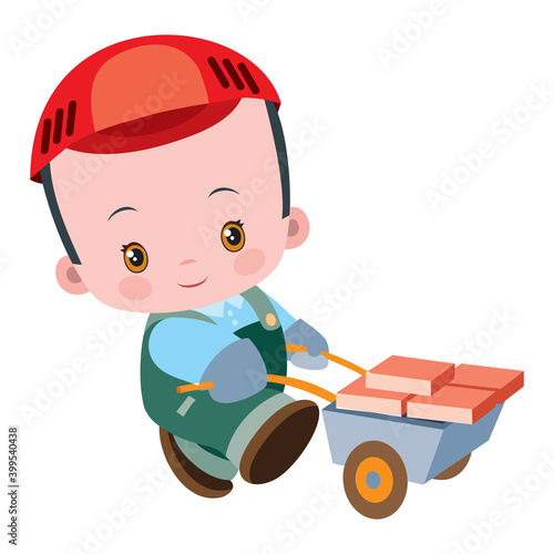 cute bricklayer, worker carrying a cart full of bricks, flat, isolated object on white background, vector illustration,