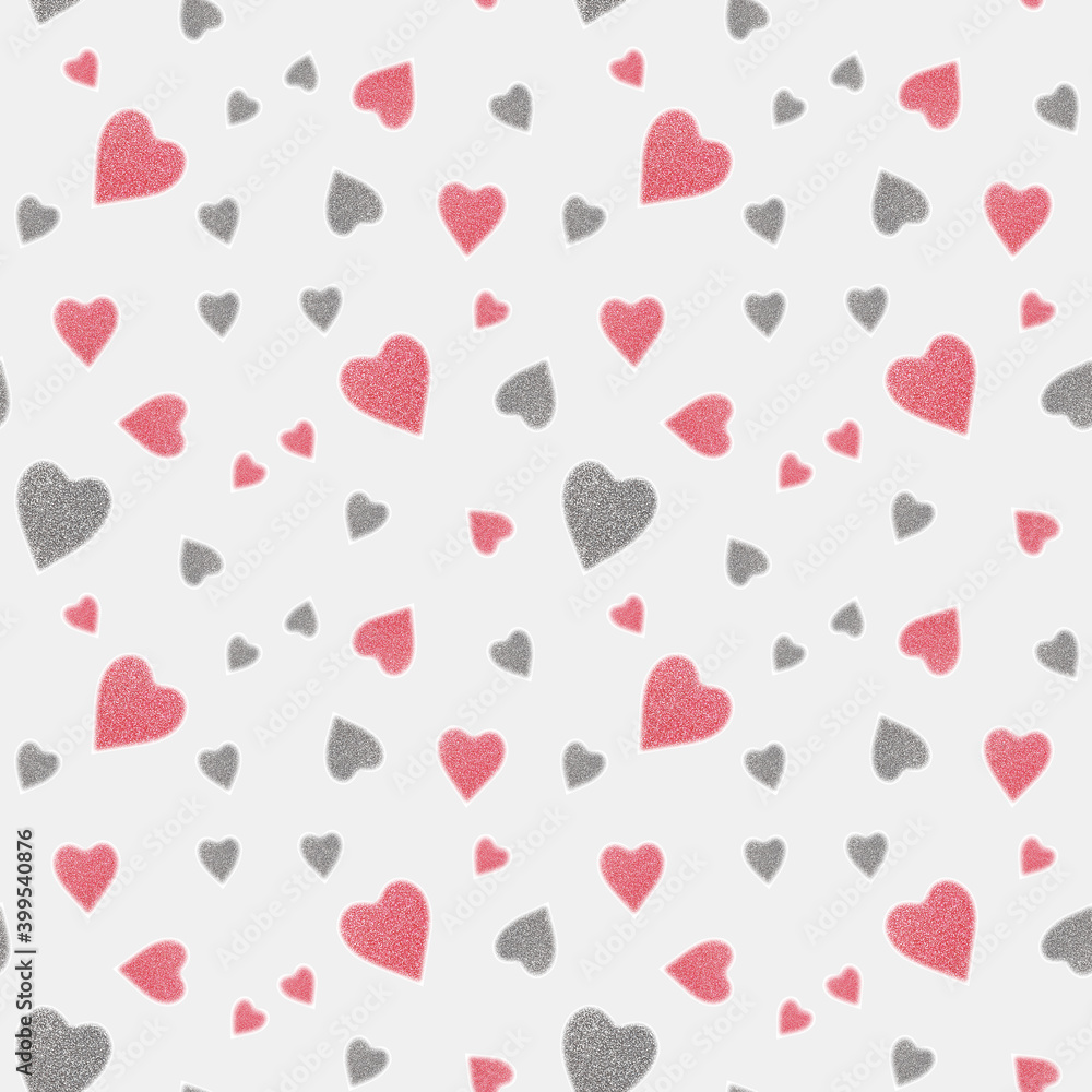 Seamless pattern of pink and silver hearts on a gray background. Fabric design, Wallpaper, packaging
