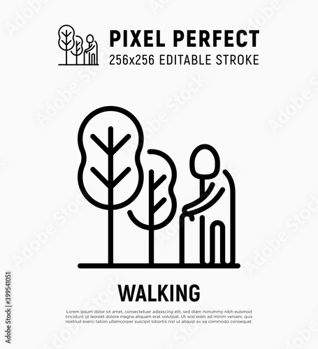 Elderly person walking in park. Nursing home. Thin line icon. Pixel perfect, editable stroke. Vector illustration.