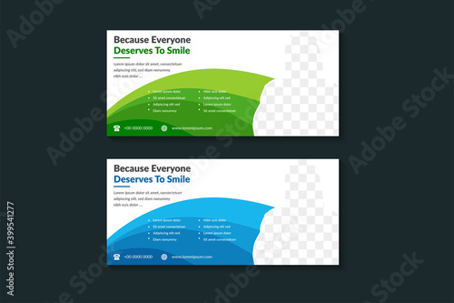 banner template design for promotion of dental care clinic. horizontal layout with human shape for photo space of doctor. there are green and blue element can be selected in white background. 