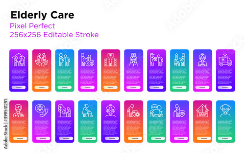 Nursing home for elderly people thin line icons set. Assisted living for disabled, volunteers help and support. Long-term service. Pixel perfect, editable stroke. Vector illustration.