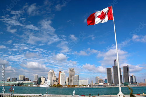 Canadian Flag and Detroit, USA
