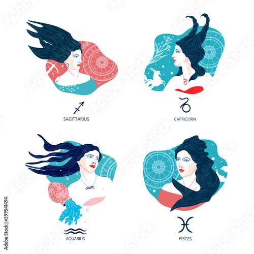 Sagittarius, Capricorn, Aquarius, Pisces. Zodiac signs. The symbol of the astrological horoscope.