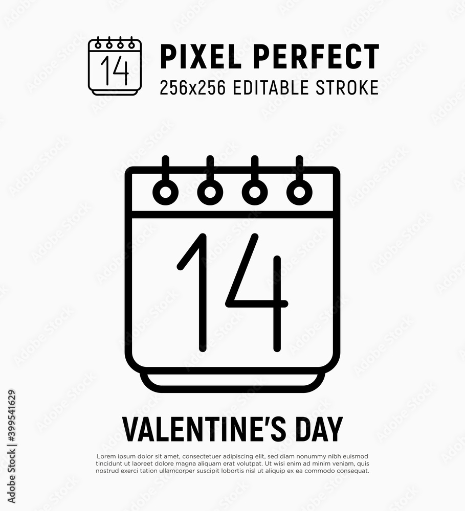 Fototapeta premium Calendar with 14 February, Valentine's day. Thin line icon. Pixel perfect, editable stroke. Vector illustration.