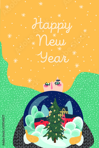 a girl holds a snow globe, inside the balloon is a city square with a christmas tree. cute greeting card, poster, banner, print happy new year