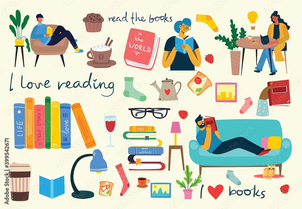 Read the book. Illustration of a people reading a book while sitting on a pile of books Read the book. Illustration of a people reading a book while sitting on a pile of books