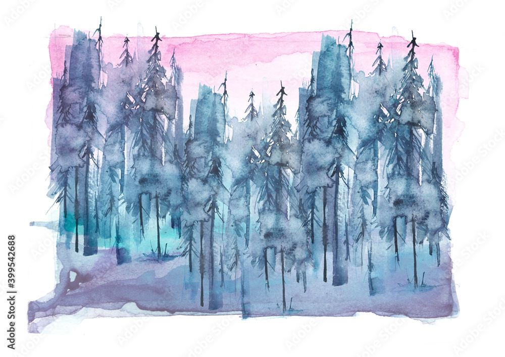 Watercolor drawing, illustration. Forest landscape, fir, pine, tree, cedar,  sunset, sunrise. Splash paint, abstract illustration. Art painting. Winter landscape. Banner with forest.