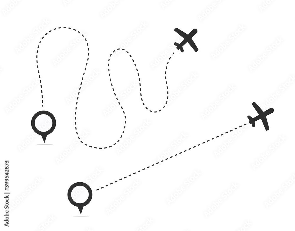 Direct straight flight of plane path or connecting hard complicated  airplane route line vector concept, map pin pointer with jet navigation  trace direction mark Stock Vector | Adobe Stock