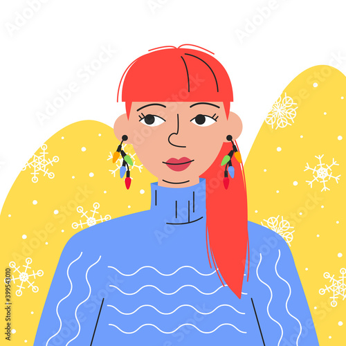 Portrait of red-hair woman with festive earrings in blue sweater. Beautiful girl on abstract background with snowfall. Christmas lights as bijouterie or imitation jewelry. Vector flat illustration