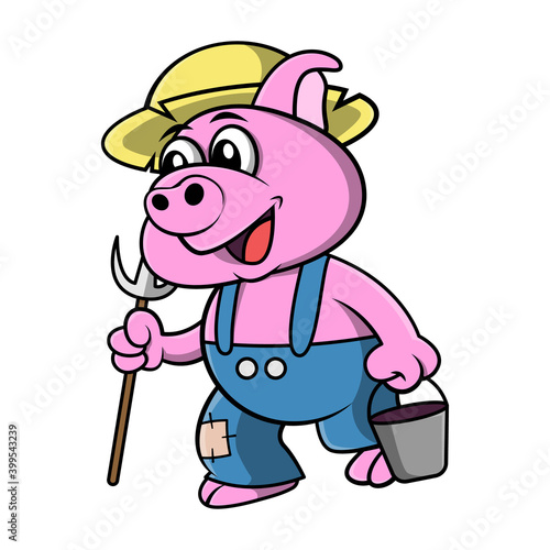 Funny Little Pig Cartoon Character as a Farmer wearing straw hat and carrying hoe and bucket get ready to work with happy face  best for sticker or decoration with agriculture themes for children