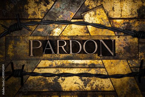 Pardon text on vintage textured bronze grunge copper and gold background with barbed wire