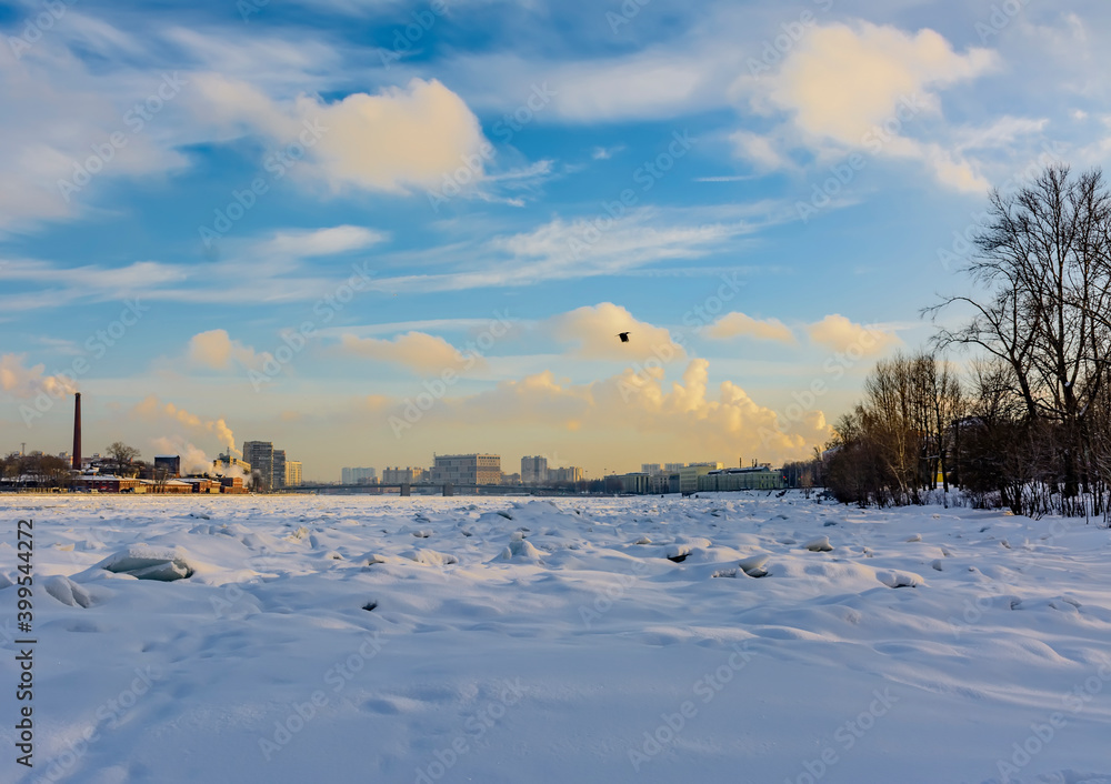 Panorama of the winter, frozen Neva River in St. Petersburg