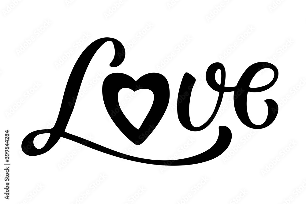 Love text with heart design. Hand written lettering on white. Valentines Day, Wedding element for poster, banner, card, badges, t-shirt, prints. Lover sign Love text with heart design. Hand written lettering on white. Valentines Day, Wedding element for poster, banner, card, badges, t-shirt, prints. Lover sign