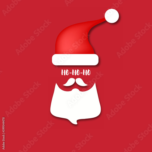Beard Santa with red background. Merry Christmas Ho-Ho-Ho banner. Vector illustration