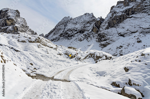  snowy way to the Karlsbader lodge through the socalled Laserz corrie at the Lienz dolomites, Austria photo