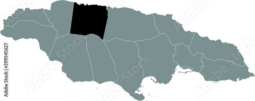 Black location map of Jamaican Trelawny parish inside gray map of Jamaica
