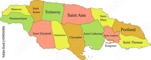 Pastel vector map of Jamaica with black borders and names of it's parishes