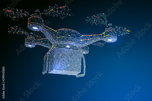 Remote air drone with a box flying in the sky. Modern delivery of the package by flying drone. Technology autonomous Delivery shipping by air. Low poly wireframe illustration.
