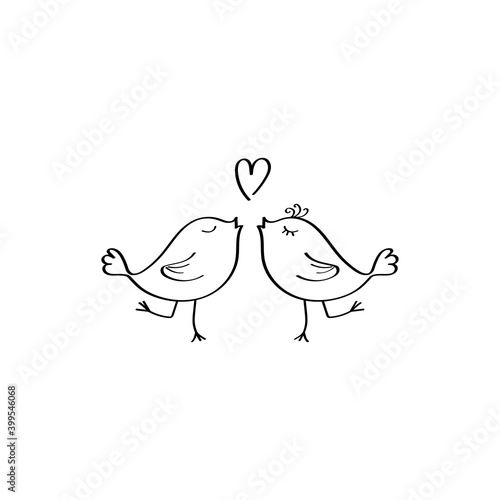 Hand-drawn two lovebirds. Illustration of the logo. Valentine's Day Doodle illustration. Vector design element for greeting and wedding cards, invitations. Black outline, isolated