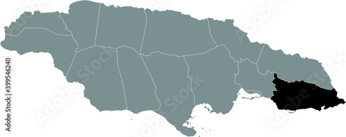 Black location map of Jamaican Saint Thomas parish inside gray map of Jamaica