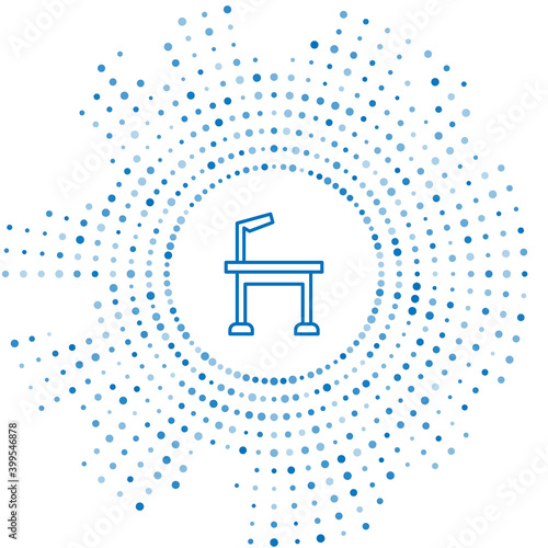 Blue line Pet grooming table icon isolated on white background. Abstract circle random dots. Vector.