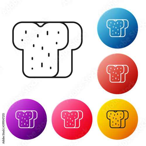 Black line Bread toast for sandwich piece of roasted crouton icon isolated on white background. Lunch, dinner, breakfast snack. Set icons colorful circle buttons. Vector.