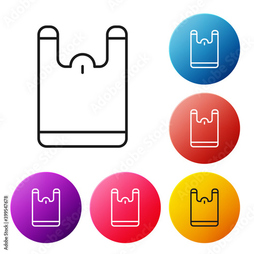 Black line Plastic bag icon isolated on white background. Disposable cellophane and polythene package prohibition sign. Set icons colorful circle buttons. Vector.