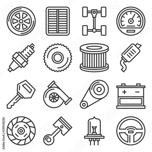 Car Parts Icons Set on White Background. Vector